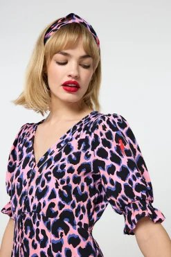 Women Scamp & Dude Pink with Blue and Black Shadow Leopard Short Tea Dress