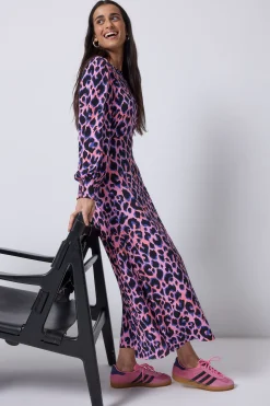 Women Scamp & Dude Pink with Blue and Black Shadow Leopard Blouson Sleeve Midi Dress