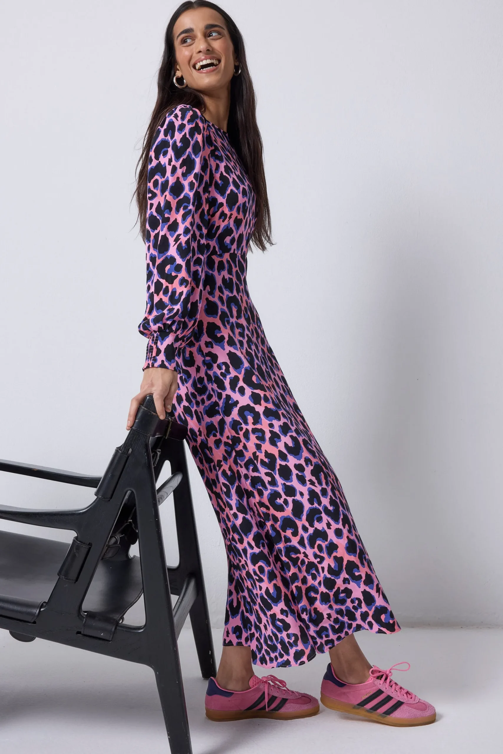 Women Scamp & Dude Pink with Blue and Black Shadow Leopard Blouson Sleeve Midi Dress