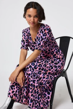 Women Scamp & Dude Pink with Blue and Black Shadow Leopard Flute Sleeve Midi Tea Dress