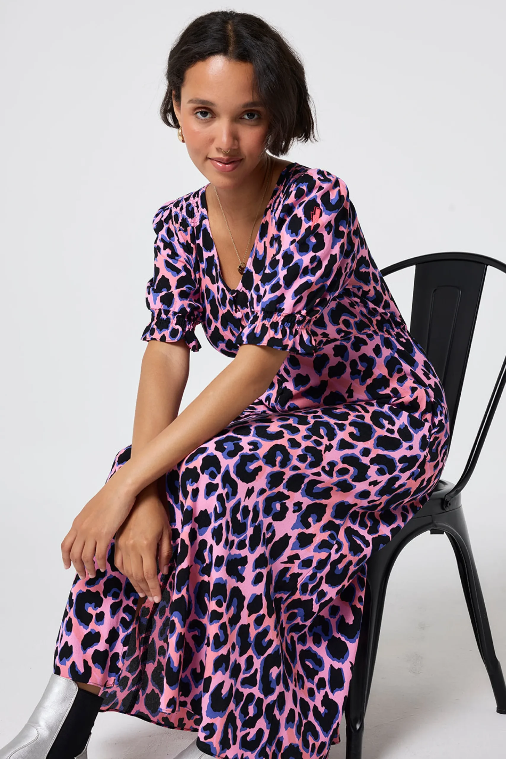 Women Scamp & Dude Pink with Blue and Black Shadow Leopard Flute Sleeve Midi Tea Dress