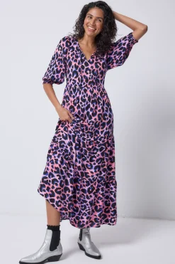 Women Scamp & Dude Pink with Blue and Black Shadow Leopard Tie Front Maxi Dress