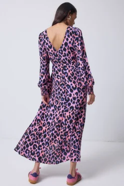 Women Scamp & Dude Pink with Blue and Black Shadow Leopard Blouson Sleeve Midi Dress