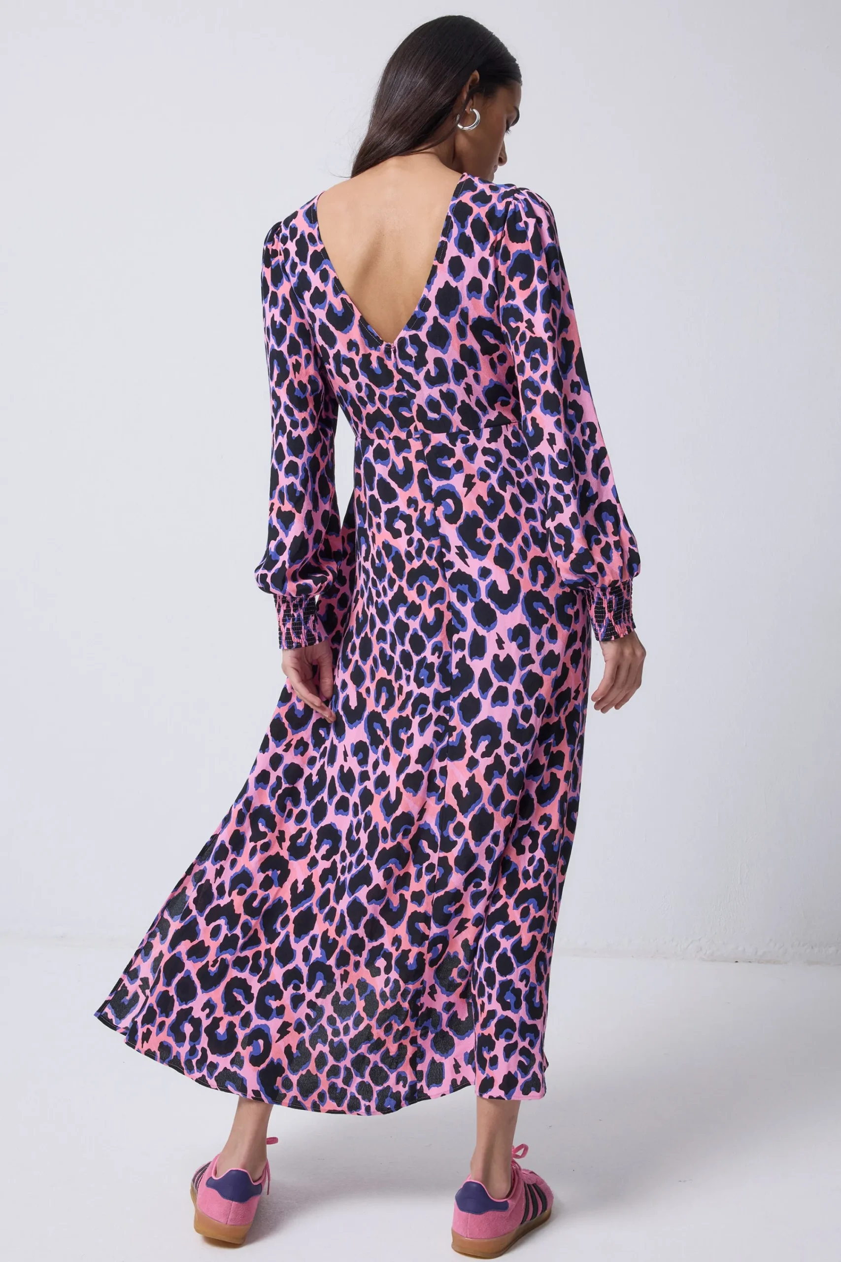 Women Scamp & Dude Pink with Blue and Black Shadow Leopard Blouson Sleeve Midi Dress