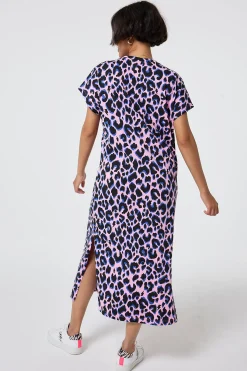 Women Scamp & Dude Pink with Blue and Black Shadow Leopard Midi T-Shirt Dress