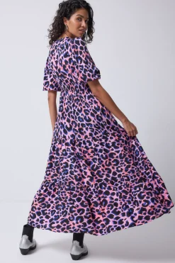 Women Scamp & Dude Pink with Blue and Black Shadow Leopard Tie Front Maxi Dress