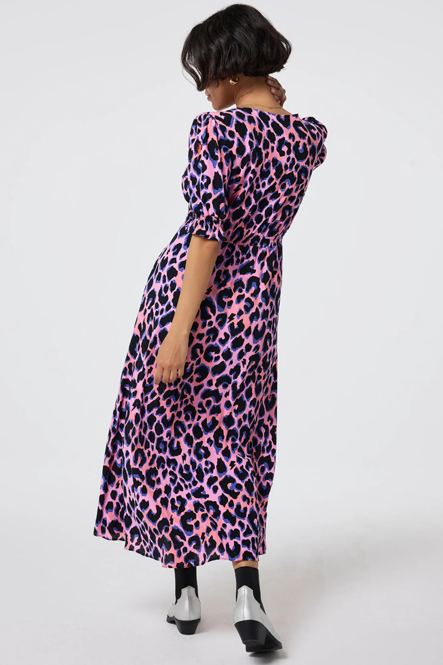 Women Scamp & Dude Pink with Blue and Black Shadow Leopard Flute Sleeve Midi Tea Dress