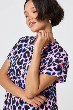 Women Scamp & Dude Pink with Blue and Black Shadow Leopard Midi T-Shirt Dress