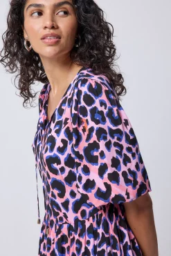 Women Scamp & Dude Pink with Blue and Black Shadow Leopard Tie Front Maxi Dress