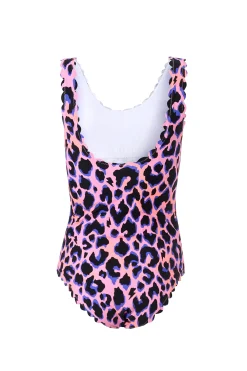 Women Scamp & Dude Pink with Blue and Black Shadow Leopard Scallop Edge Swimsuit