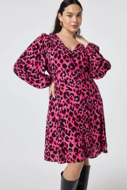 Women Scamp & Dude Pink with Red and Black Pop Leopard Blouson Sleeve Godet Short Dress