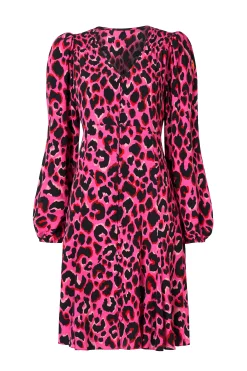 Women Scamp & Dude Pink with Red and Black Pop Leopard Blouson Sleeve Godet Short Dress