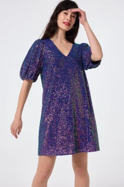 Women Scamp & Dude Purple Iridescent Sequin V-Neck Short Dress