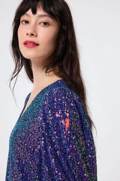 Women Scamp & Dude Purple Iridescent Sequin V-Neck Short Dress