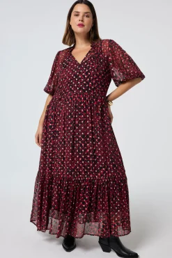 Women Scamp & Dude Red with Black and Gold Foil Chiffon Tiered Maxi Dress