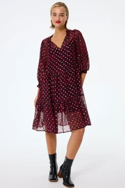 Women Scamp & Dude Red with Black and Gold Foil Chiffon Tiered Short Dress