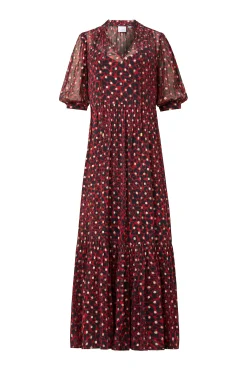 Women Scamp & Dude Red with Black and Gold Foil Chiffon Tiered Maxi Dress