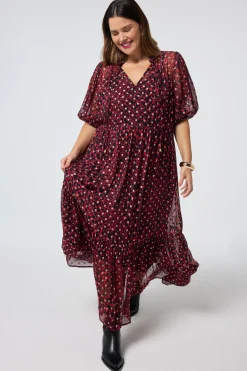 Women Scamp & Dude Red with Black and Gold Foil Chiffon Tiered Maxi Dress