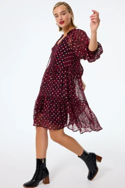 Women Scamp & Dude Red with Black and Gold Foil Chiffon Tiered Short Dress