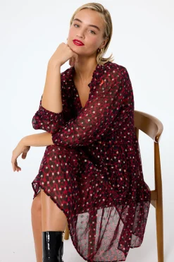 Women Scamp & Dude Red with Black and Gold Foil Chiffon Tiered Short Dress