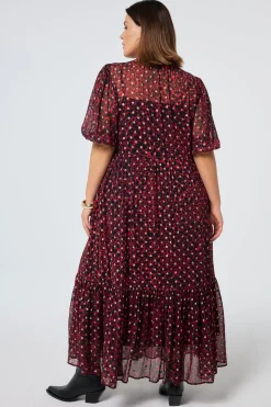 Women Scamp & Dude Red with Black and Gold Foil Chiffon Tiered Maxi Dress