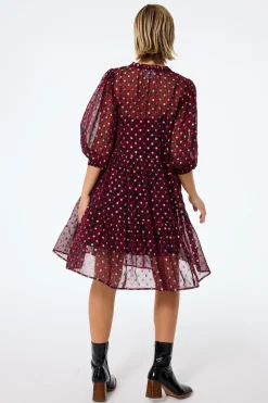 Women Scamp & Dude Red with Black and Gold Foil Chiffon Tiered Short Dress