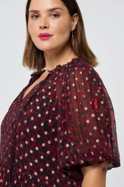 Women Scamp & Dude Red with Black and Gold Foil Chiffon Tiered Maxi Dress