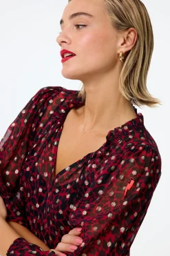 Women Scamp & Dude Red with Black and Gold Foil Chiffon Tiered Short Dress