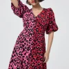 Women Scamp & Dude Red with Pink and Black Mix and Match Pop Leopard Puff Sleeve Short Tea Dress