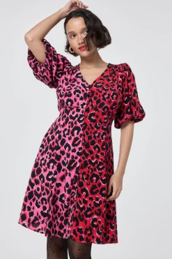 Women Scamp & Dude Red with Pink and Black Mix and Match Pop Leopard Puff Sleeve Short Tea Dress
