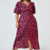 Women Scamp & Dude Red with Pink and Black Mix Pop Leopard Puff Sleeve Midi Tea Dress