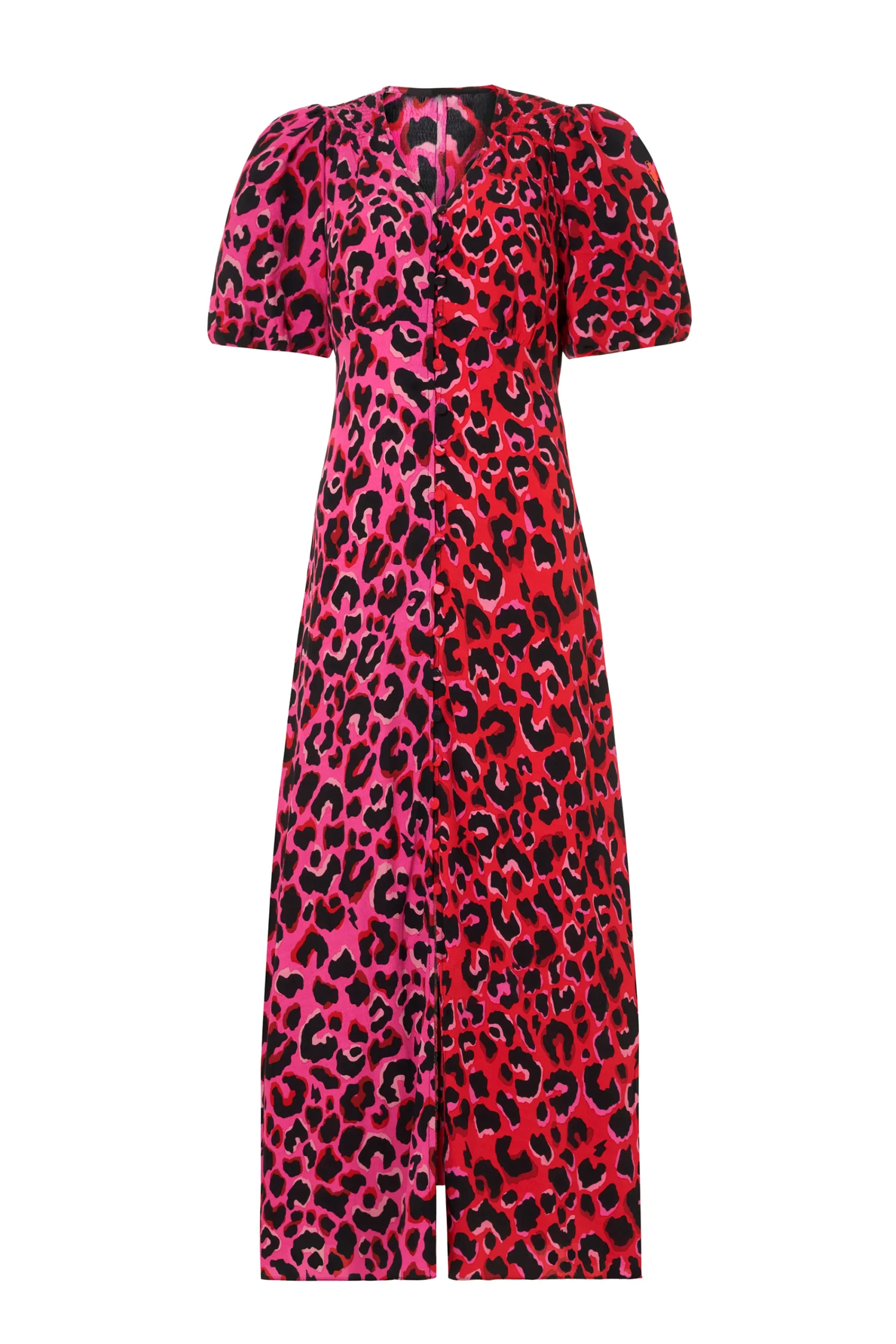 Women Scamp & Dude Red with Pink and Black Mix Pop Leopard Puff Sleeve Midi Tea Dress