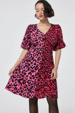 Women Scamp & Dude Red with Pink and Black Mix and Match Pop Leopard Puff Sleeve Short Tea Dress