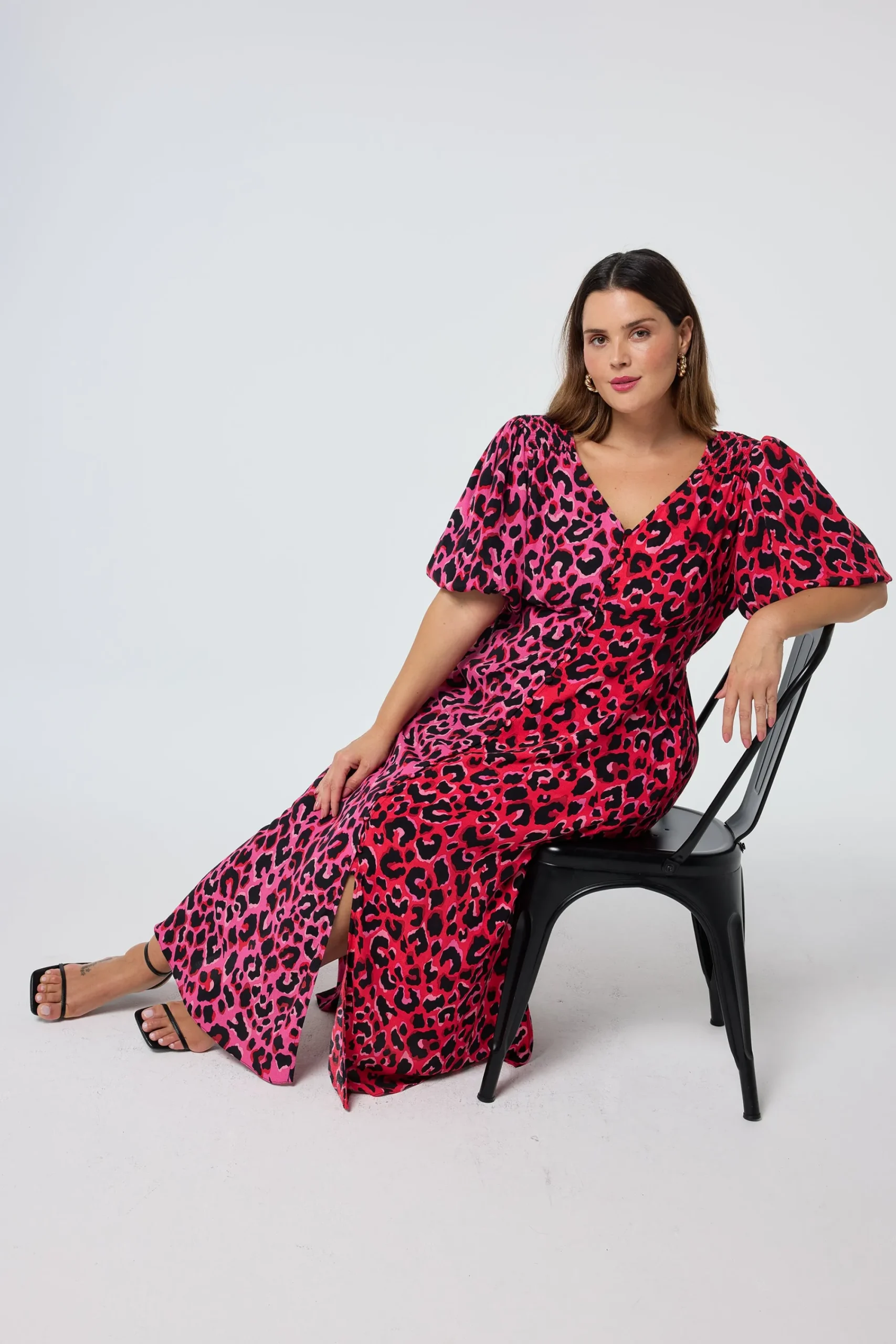 Women Scamp & Dude Red with Pink and Black Mix Pop Leopard Puff Sleeve Midi Tea Dress