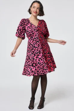 Women Scamp & Dude Red with Pink and Black Mix and Match Pop Leopard Puff Sleeve Short Tea Dress