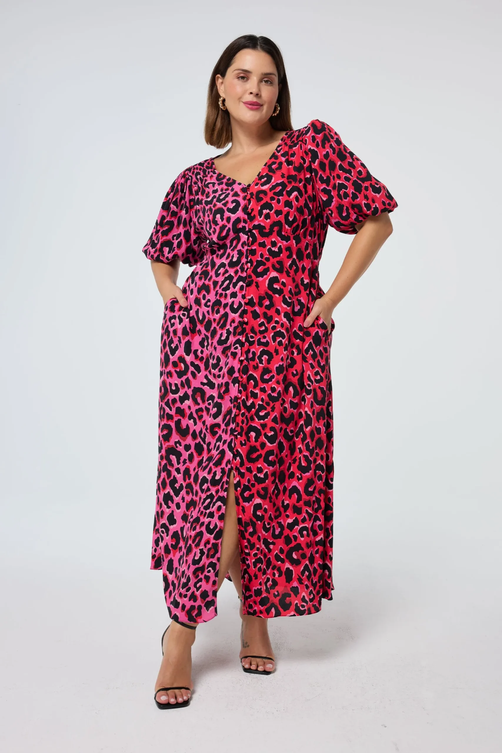 Women Scamp & Dude Red with Pink and Black Mix Pop Leopard Puff Sleeve Midi Tea Dress