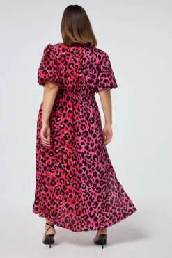 Women Scamp & Dude Red with Pink and Black Mix Pop Leopard Puff Sleeve Midi Tea Dress