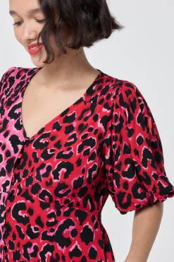 Women Scamp & Dude Red with Pink and Black Mix and Match Pop Leopard Puff Sleeve Short Tea Dress