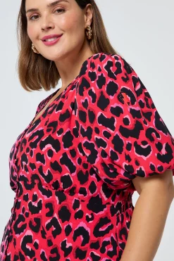 Women Scamp & Dude Red with Pink and Black Mix Pop Leopard Puff Sleeve Midi Tea Dress