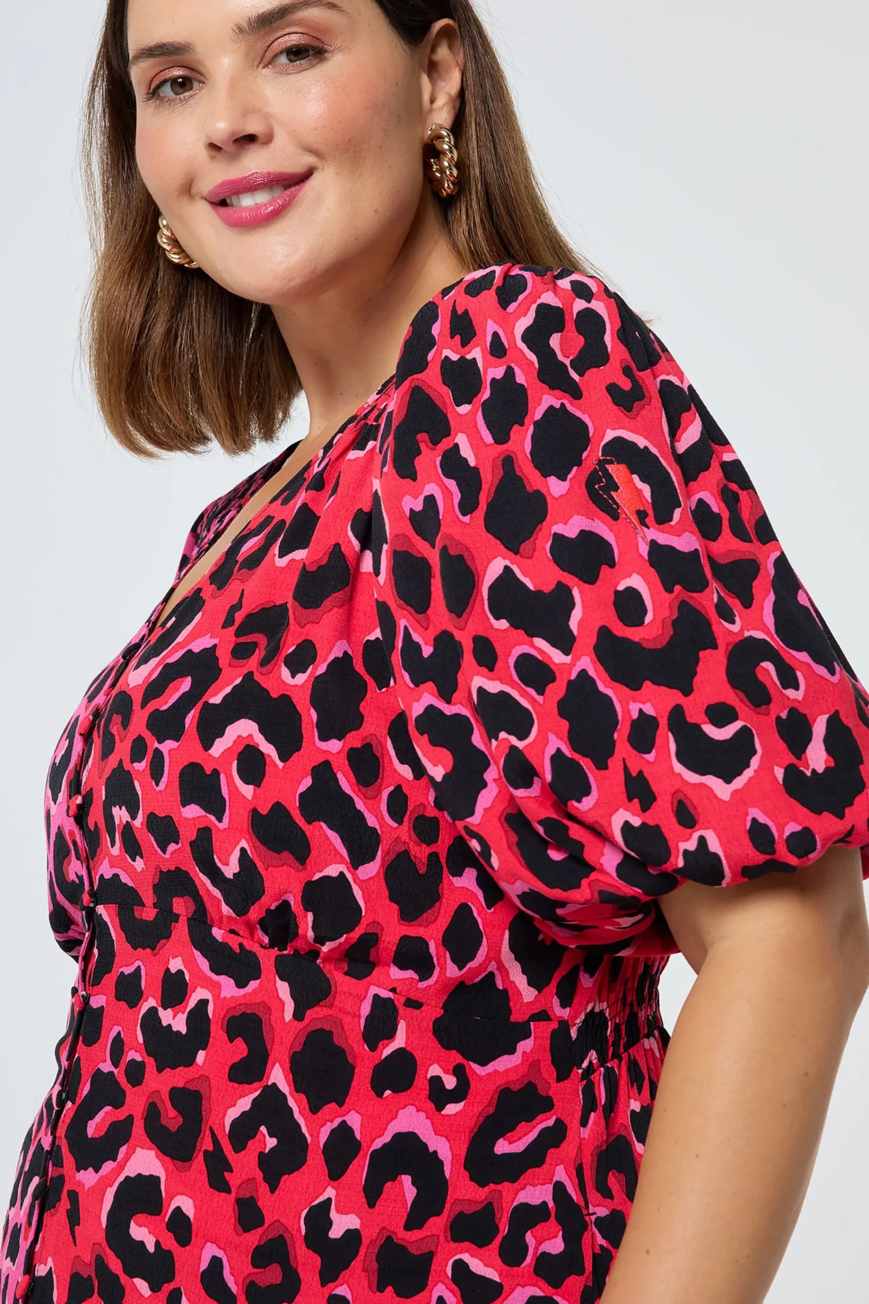 Women Scamp & Dude Red with Pink and Black Mix Pop Leopard Puff Sleeve Midi Tea Dress