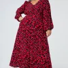 Women Scamp & Dude Red with Pink and Black Pop Leopard Blouson Sleeve Midi Tea Dress