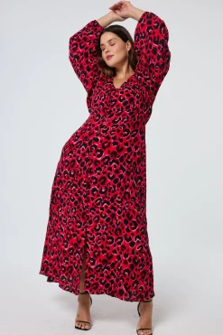 Women Scamp & Dude Red with Pink and Black Pop Leopard Blouson Sleeve Midi Tea Dress