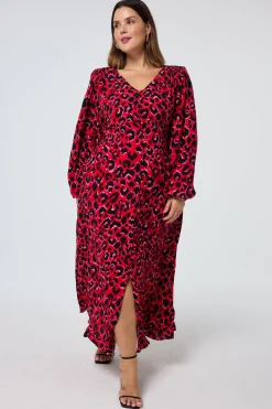 Women Scamp & Dude Red with Pink and Black Pop Leopard Blouson Sleeve Midi Tea Dress