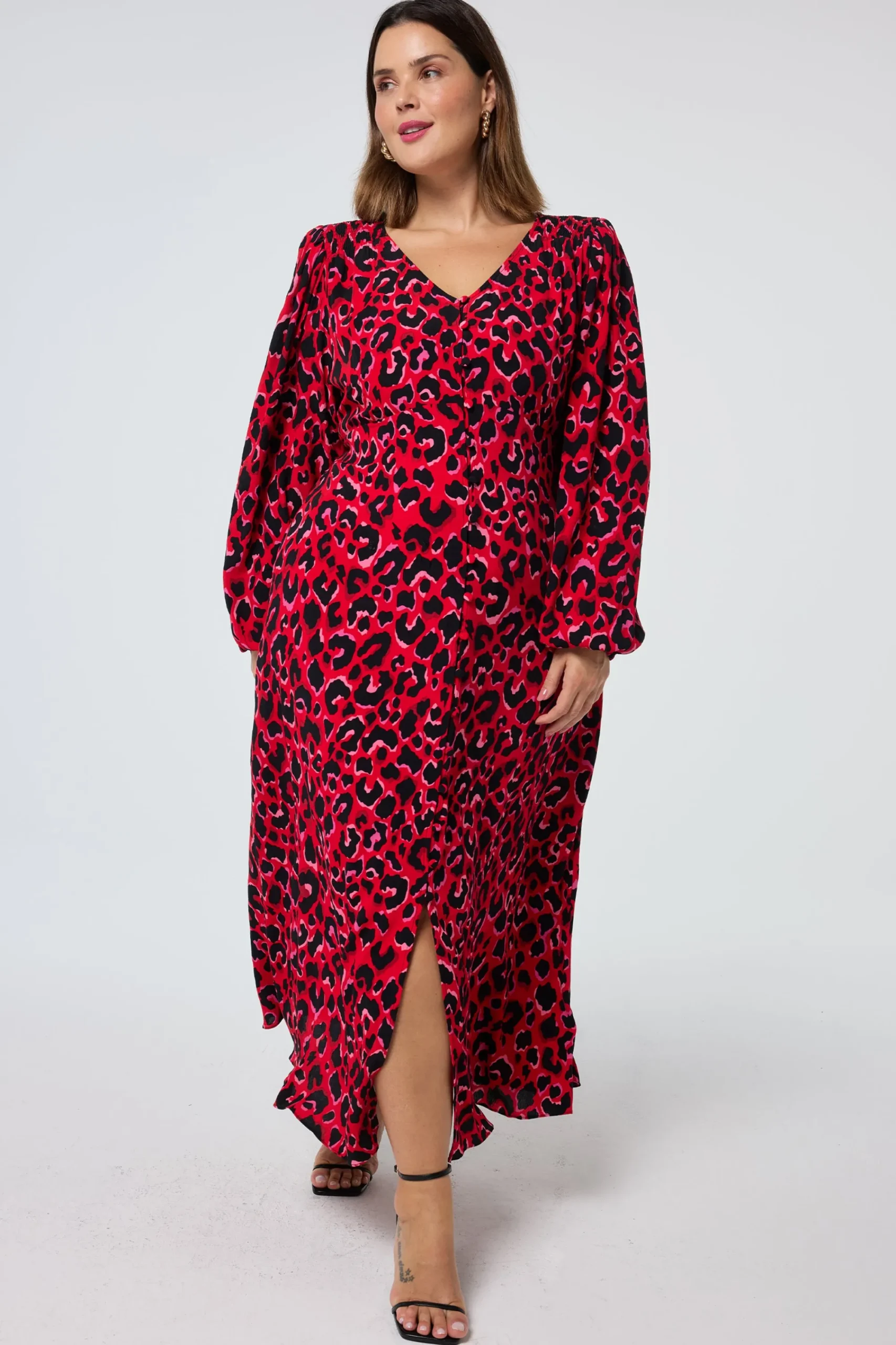Women Scamp & Dude Red with Pink and Black Pop Leopard Blouson Sleeve Midi Tea Dress