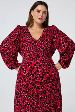 Women Scamp & Dude Red with Pink and Black Pop Leopard Blouson Sleeve Midi Tea Dress