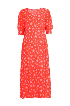 Women Scamp & Dude Red with Pink Star V Neck Midi Dress