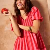 Women Scamp & Dude Red with Pink Stripe Puff Sleeve Maxi Dress