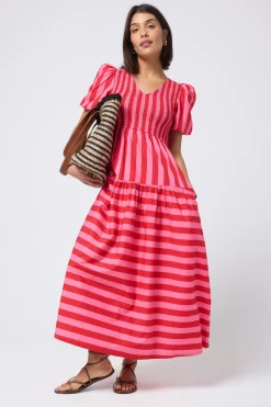 Women Scamp & Dude Red with Pink Stripe Puff Sleeve Maxi Dress