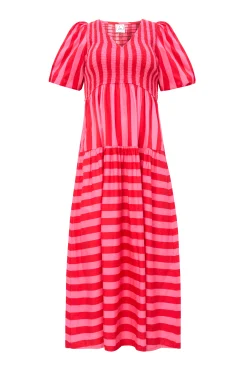 Women Scamp & Dude Red with Pink Stripe Puff Sleeve Maxi Dress