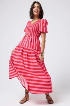 Women Scamp & Dude Red with Pink Stripe Puff Sleeve Maxi Dress